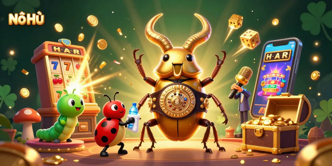 Nổ Hũ slot game with a giant golden beetle champion, ladybug assistant, and jackpot elements for thrilling action.
