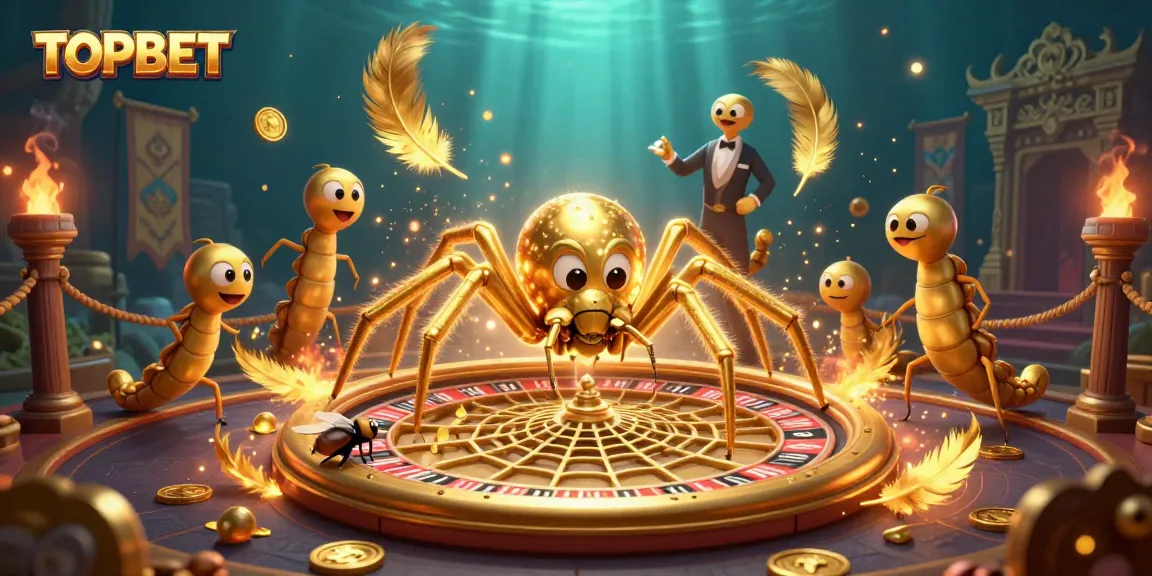 TOPBET offers thrilling betting in a vibrant 3D casino scene featuring a roulette wheel web.