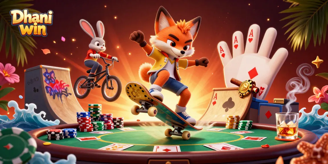 Dhani win showcases a vibrant cartoon scene with an exciting skateboarder fox and BMX rabbit amid poker elements and casino symbols.