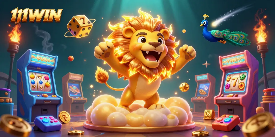 Experience the thrills of casino gaming with 11WIN, featuring a roaring sun lion and dynamic slot elements.