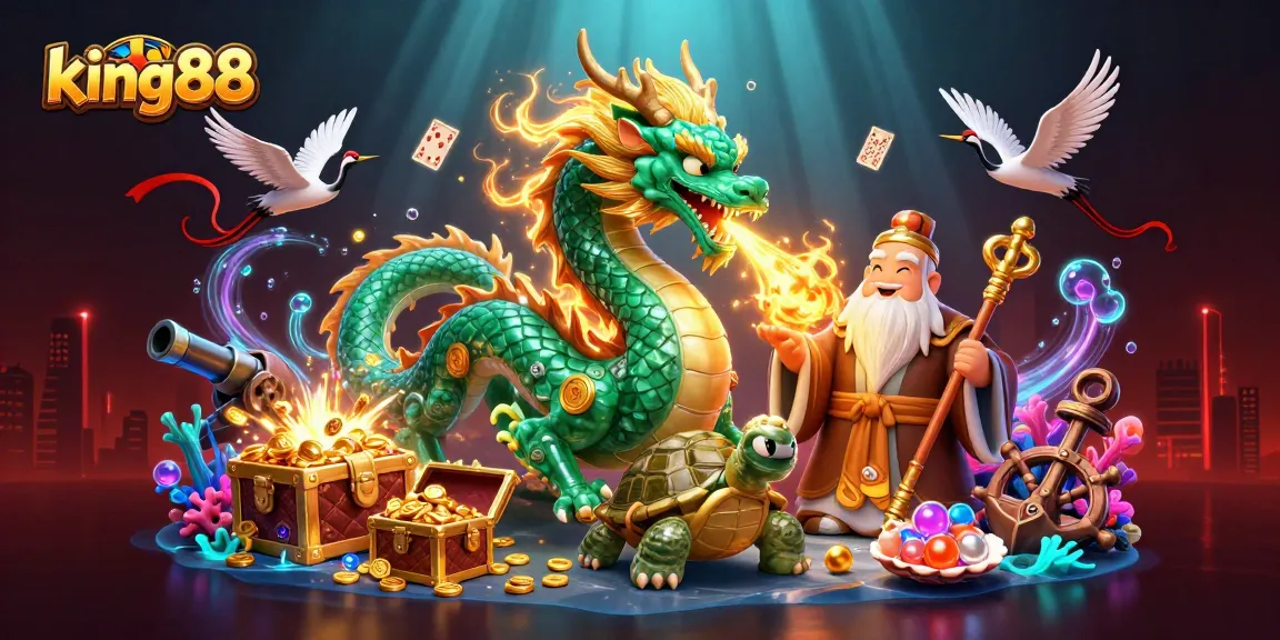 Experience the thrill of king88 with a magical 3D casino scene featuring a dragon and lucky cranes.