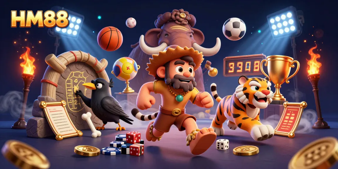 HM88 casino scene depicting a caveman, sabertooth tiger, and crow playing with sports elements and golden trophies.