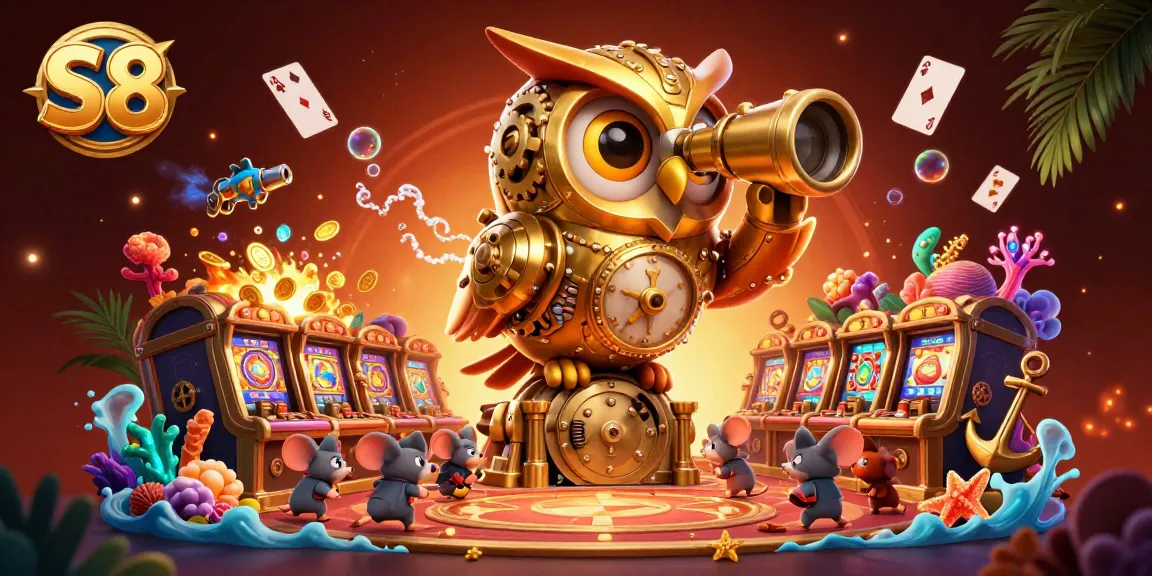 S8 showcases a dynamic casino scene with a massive golden owl and animated mice amidst vibrant game elements.