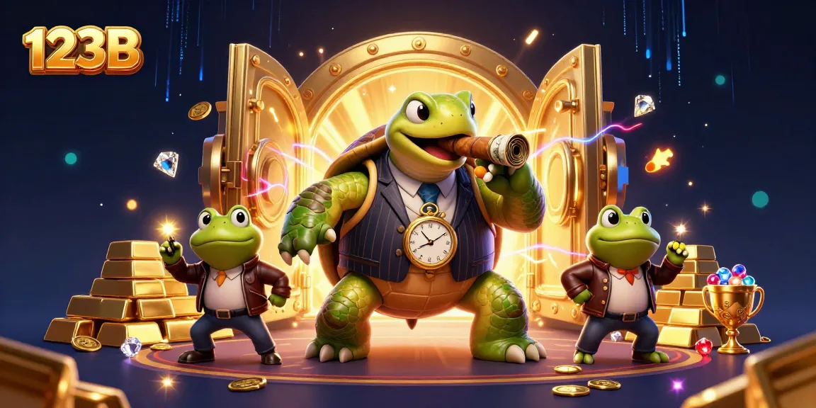 Experience the thrill of 123B with a cartoon turtle and bullfrogs in a lively casino scene.
