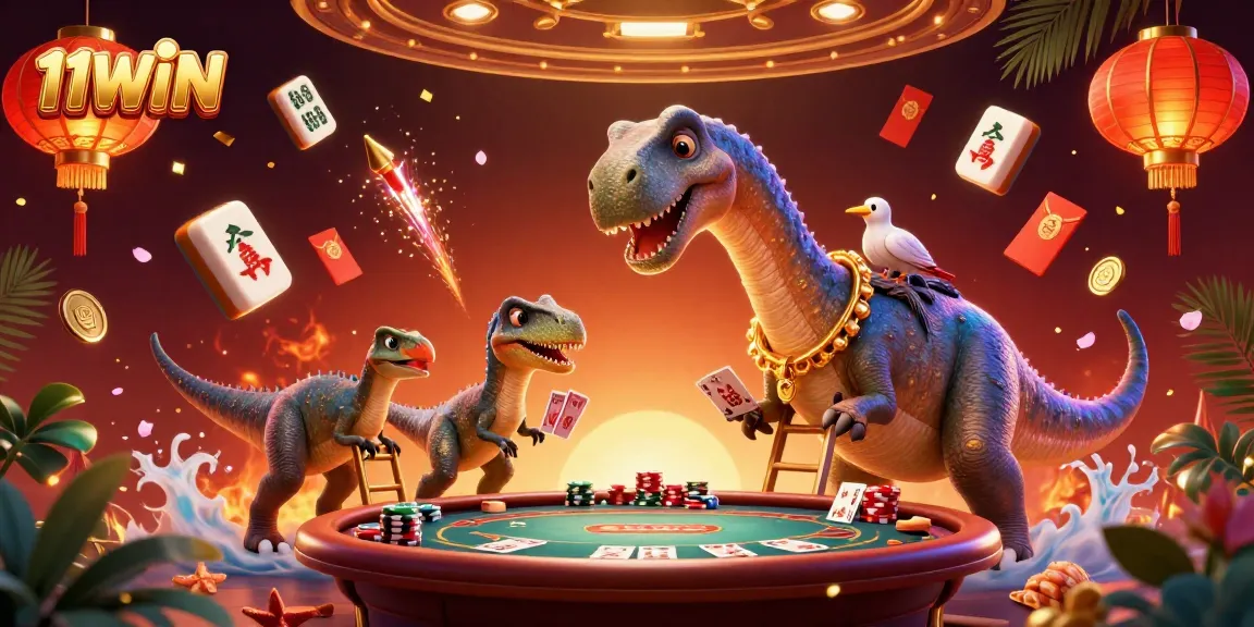 Experience the excitement at 11WIN casino with a dynamic 3D illustration blending gaming elements.