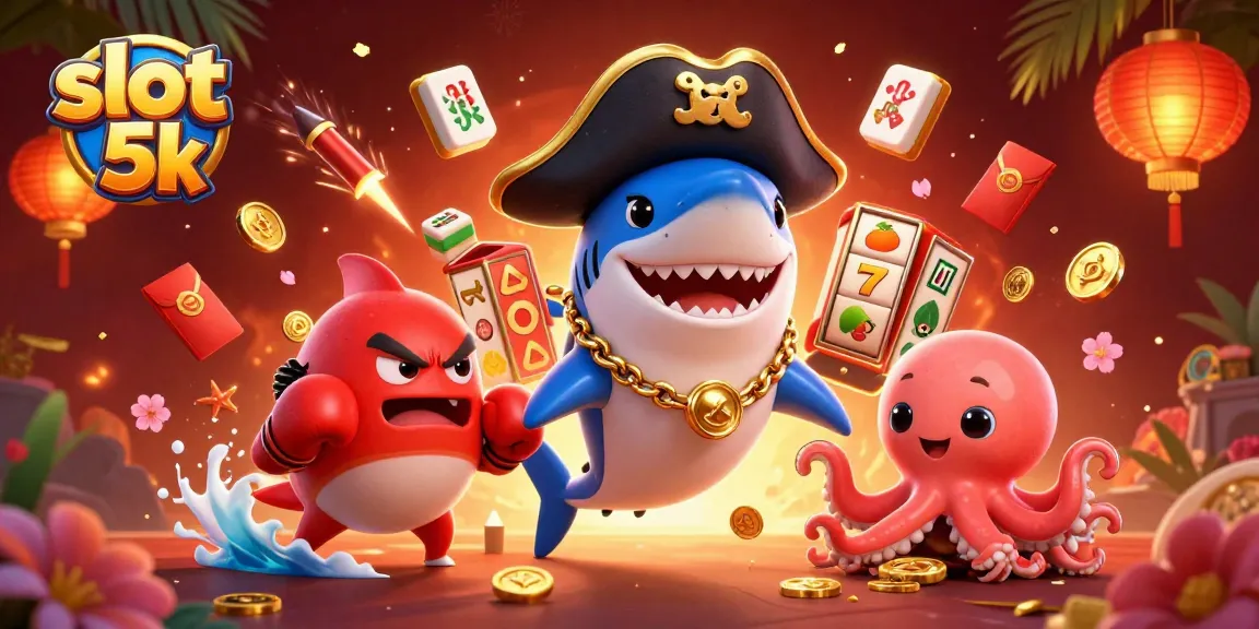 Experience the thrill of slot 5k with an adventurous pirate shark, showcasing dynamic casino elements.