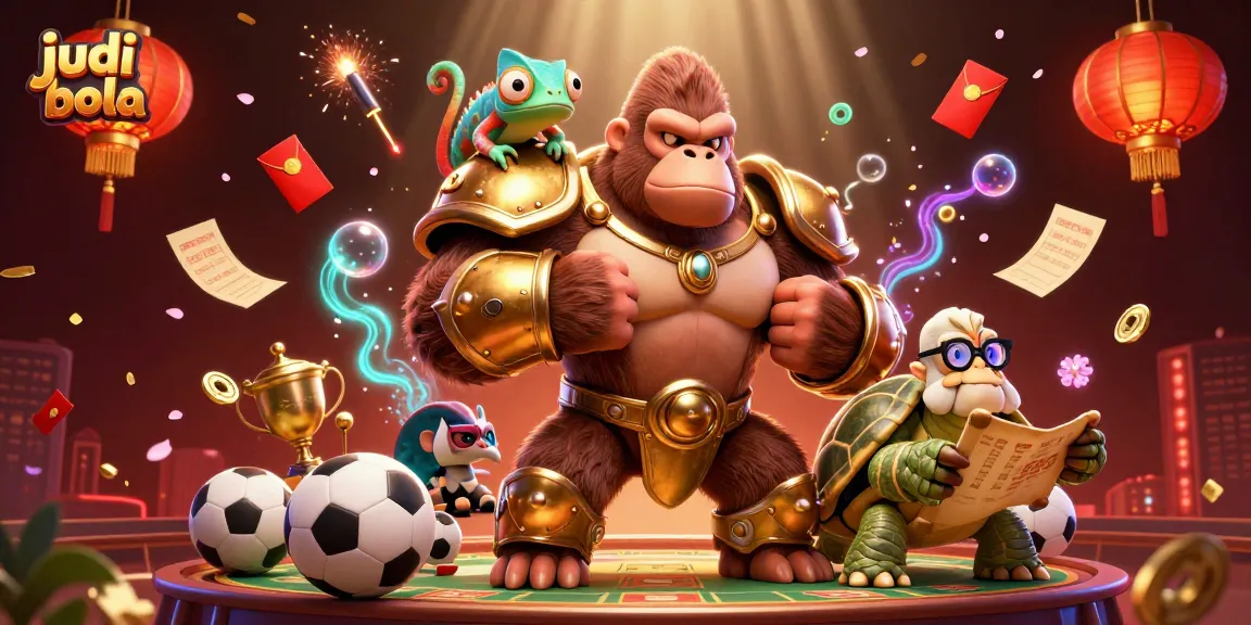 Experience judi bola excitement with a powerful gorilla king, chameleon spy, and wise tortoise in a vibrant scene.
