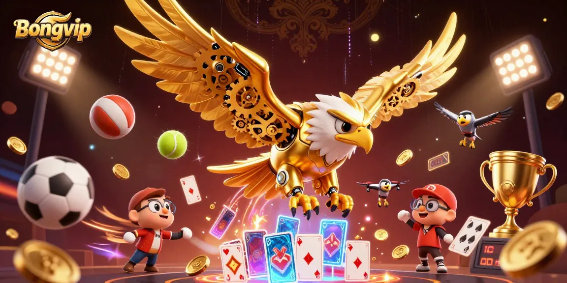 Bongvip offers an immersive experience with a golden eagle soaring through holographic playing cards in a lively casino setting.