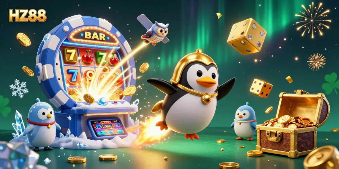 Experience the thrill at HZ88 with a dynamic casino adventure featuring a golden penguin and exciting gaming elements.