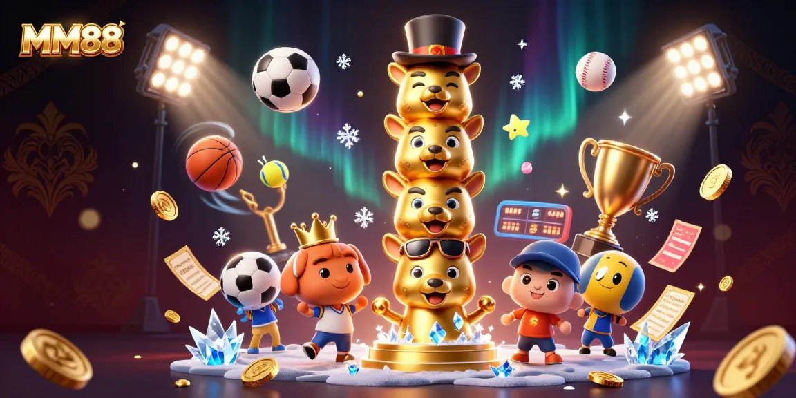 Engage with MM88 casino action depicted in a vibrant 3D scene filled with animated characters and dynamic game elements.