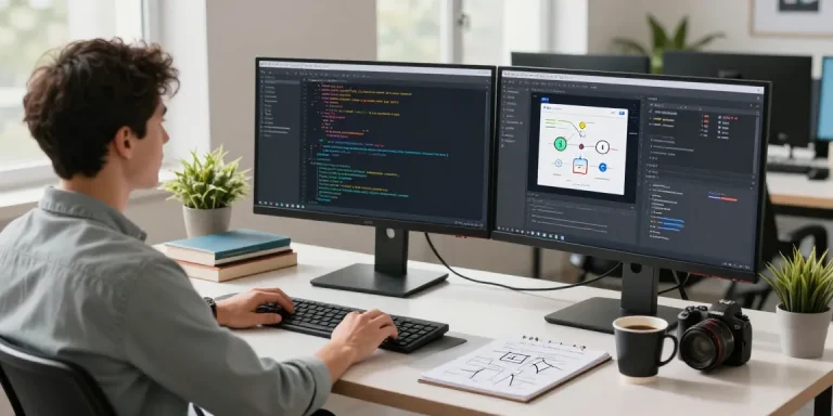 Build internal tools with AI in a modern tech workspace featuring a developer, coding screens, and collaboration elements.