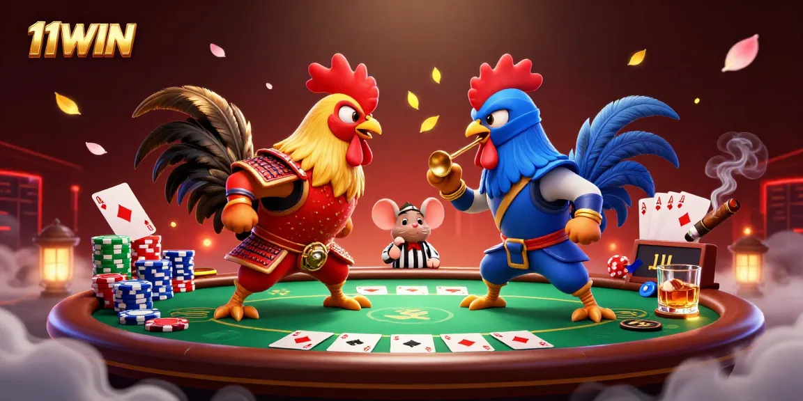 11WIN features an epic duel between cartoon roosters in a vibrant casino scene, showcasing poker elements.