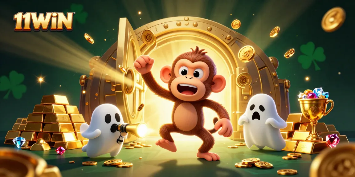 Engage with 11WIN's haunted casino scene featuring a mischievous monkey juggling golden items.