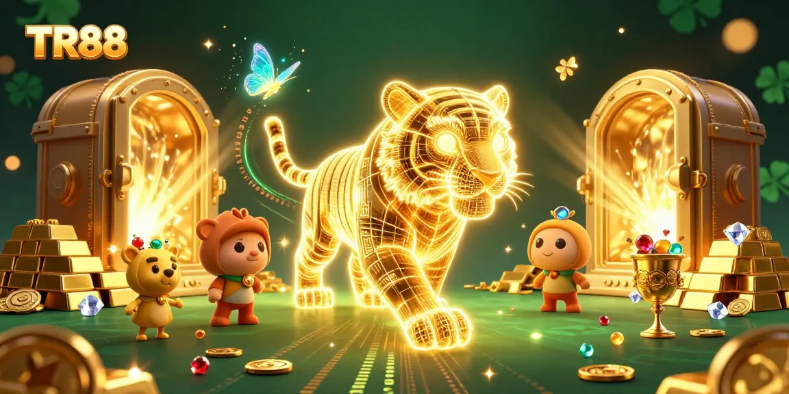 Experience TR88's digital casino world with a glowing golden tiger amidst treasures and excitement.