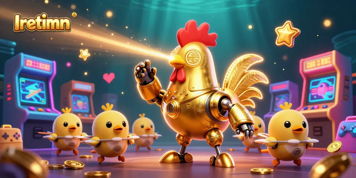 Iretimn showcases a lively scene with golden robot and baby chick drones amidst colorful casino arcade elements.